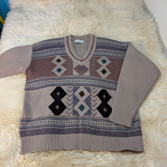 Vintage Gelifan V Neck Geometric Pattern Sweater Men Size XL - Picture 1 of 9